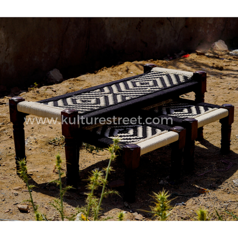 Wooden Charpai Bench & Stool ~ Black & White - Kulture Street