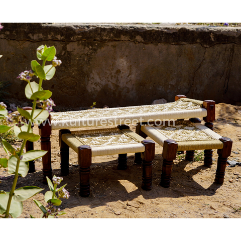 Wooden Charpai Bench & Stool ~ Jute & White - Kulture Street