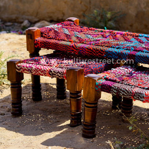 Wooden Charpai Bench & Stool ~ Multi Color - Kulture Street
